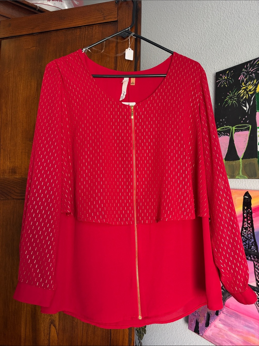 NY Collection Red Backless Zippered Embellished Blouse